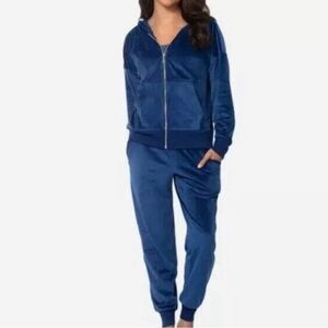 Felina Blue Velour Two Piece Set Sz S Full Zip Hoodie + Matching Jogger Pants